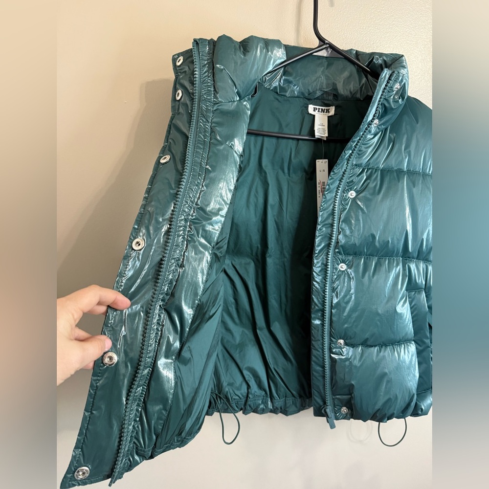 PINK Victoria's Secret High Shine Marshmallow Puffer Vest Forest Green Women's L - Picture 5 of 14